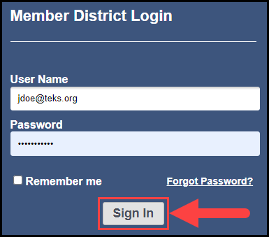 user login page with sample entries in the username and password fields