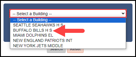the select a building drop down filter showing sample campuses