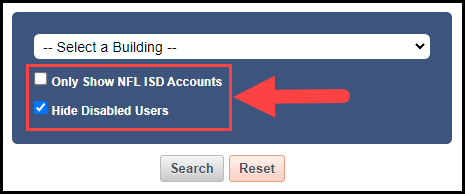 user search filter section displaying the additional filter check boxes to unhide disabled accounts or only show accounts for the selected organization