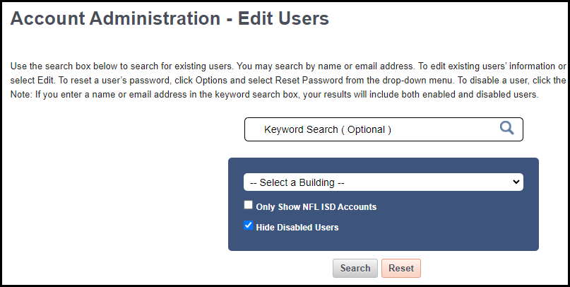 the edit users search filters and search results section