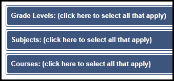 the edit account section showing the expandable grade level, subject area, and course categories