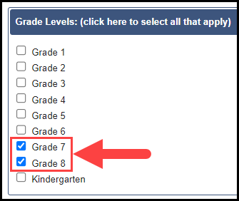 the edit account section showing the expanded grade level category with all grades and their respective check boxes and an arrow pointing to selected sample grades