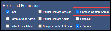 the edit account section showing the possible user roles with an arrow pointing to an example role titled campus content admin and its checked box