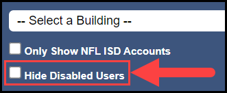 user search filter section displaying the additional filter check box to unhide disabled accounts