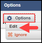the user change request results section with an expanded options menu and an arrow pointing to the edit option for a sample user account