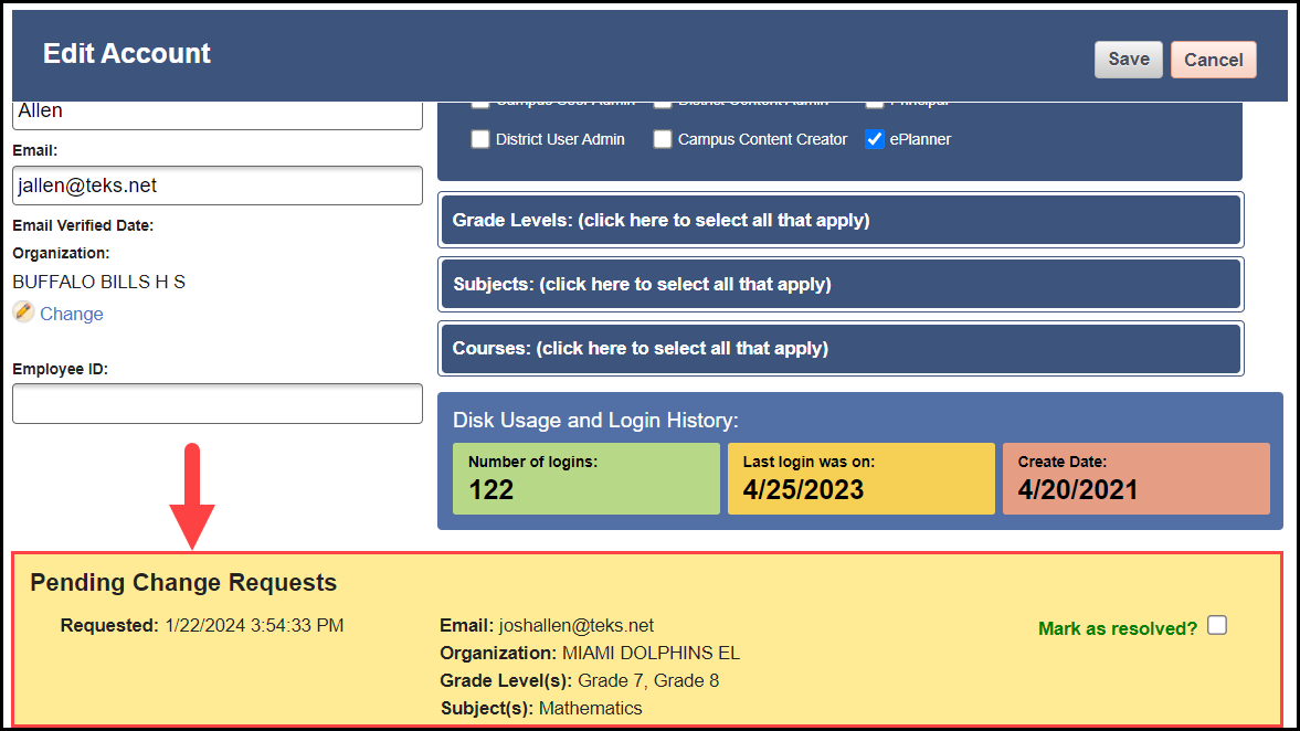 the edit user window with an arrow pointing to the pending change request area showing sample change requests and the date and time of the request