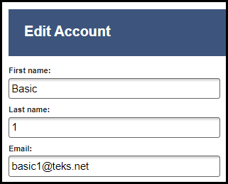the edit account section showing the first name, last name, and email address entry fields