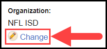 organization field with an arrow pointing to the change organization option