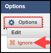 the user change request results section with an expanded options menu and an arrow pointing to the ignore option for a sample user account