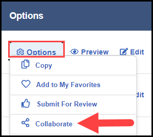 the expanded options menu for a sample instructional focus document with an outline around the options button and an arrow pointing to the collaborate option