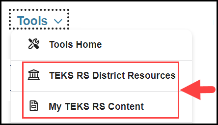 opened tools navigation menu with an arrow pointing to both the district resources and my content options