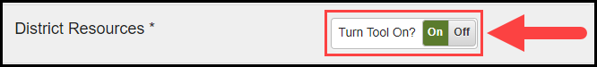 the district resources row with its associated on and off toggle switch and an arrow pointing to the on indicator