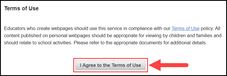 the terms of use window explaining that users must agree to the terms in order to utilize the website builder with an arrow pointing to the I agree button