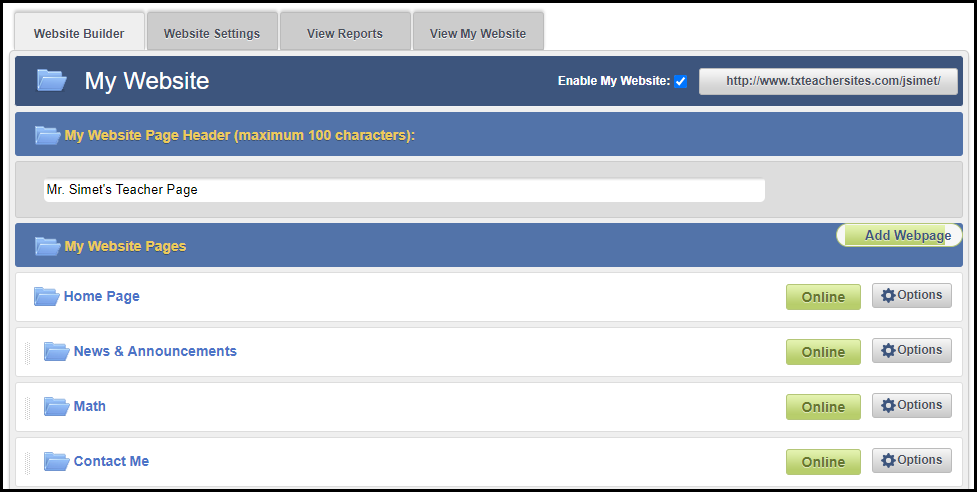 the main page of the website builder tool with a tab for each section and a list of folders for a sample user's website pages