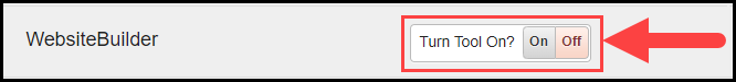 the website builder row with its associated on and off toggle switch and an arrow pointing to the off indicator