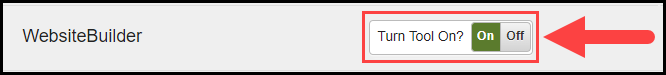 the website builder row with its associated on and off toggle switch and an arrow pointing to the on indicator