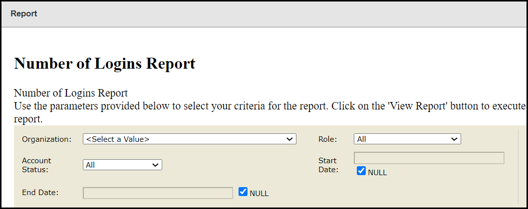 the number of logins report window showing the various filter drop down menus