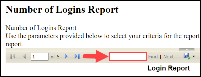the number of logins report window with an arrow pointing to the search field used for locating a specific user or campus in the report's results