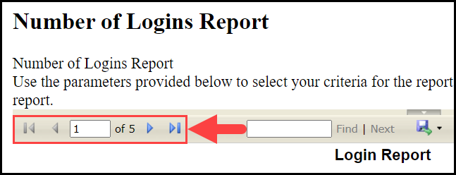 the number of logins report window with an arrow pointing to the pagination icons used for paging through the report's user results