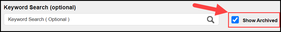 the district content search filter section with an outline around the show archived check box filter