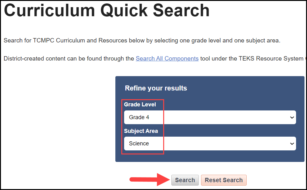 curriculum quick search page with an outline around the grade level and subject area filters and an arrow pointing to the search button