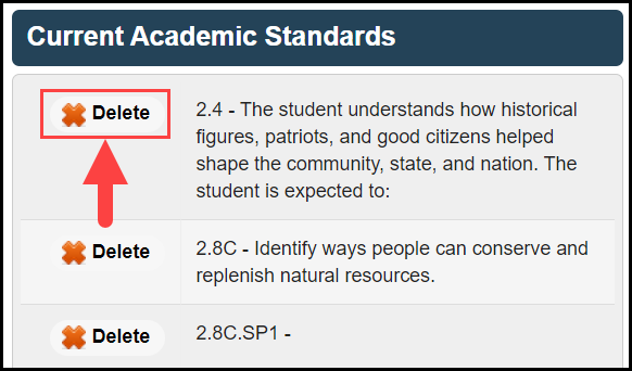 the manage standards window showing the current academic standards list and an arrow pointing to the delete button associated with a sample standard