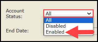 the opened account status drop down filter with an arrow pointing to the enabled option