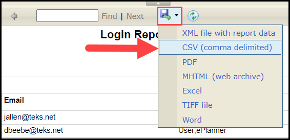 the number of logins report window showing the expanded export selection menu with an outline around the floppy disk icon and an arrow pointing to the c s v option