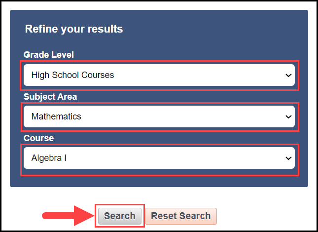 curriculum quick search page with grade level and subject area filters outlined and arrow pointing to search button
