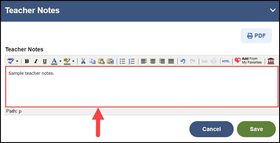 teacher notes section with an arrow pointing to the text entry area below the text editor icon menu
