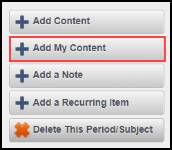 a list of the calendar options with an outline around the add my content option