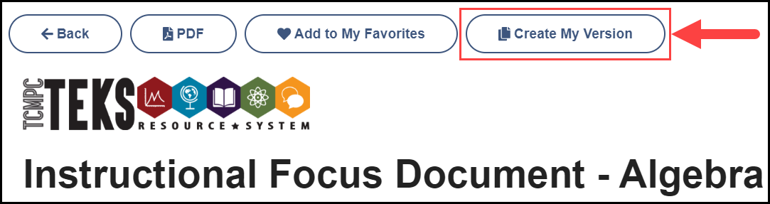 the top of a sample instrucitonal focus document page with an arrow pointing to the create my version button