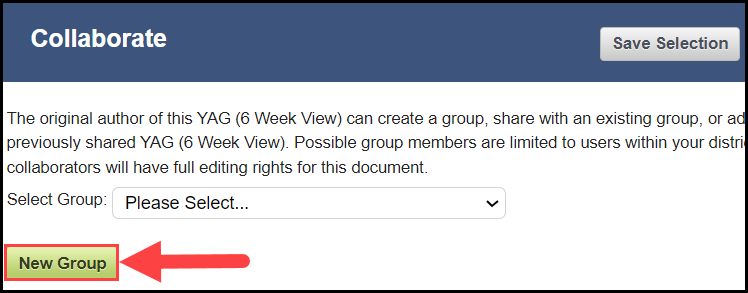 collaborate window with an arrow pointing to the new group button in the bottom left corner