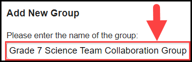 collaborate window showing the add new group section with an arrow pointing to the name text entry field