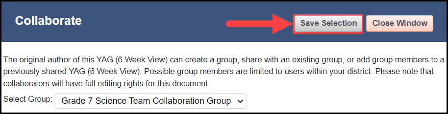 collaborate window with an arrow pointing to the save selection button in the upper right corner