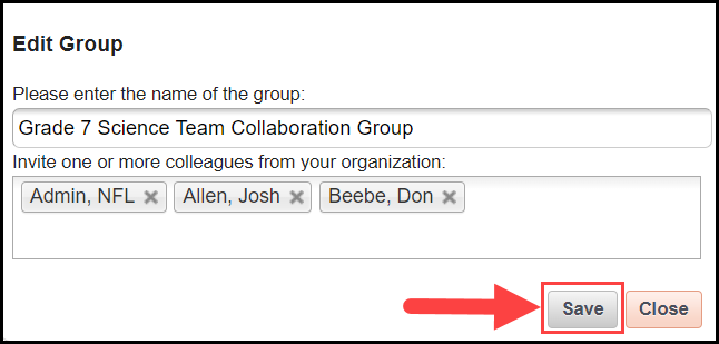 collaborate window showing the edit group section with an arrow pointing to the save button at the bottom