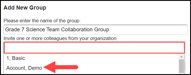 collaborate window showing the add new group section with an arrow pointing to the colleague selection drop down menu