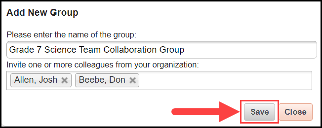 collaborate window showing the add new group section with an arrow pointing to the save button at the bottom