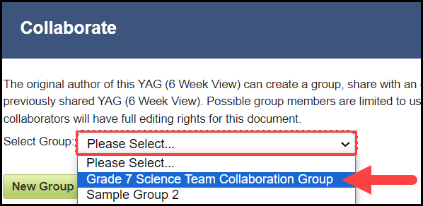 collaborate window with an outline around the expanded select group drop down menu and an arrow pointing to a sample group option