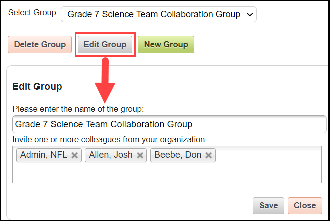 collaborate window with an outline around the edit group button and an arrow pointing to the related edit group fields