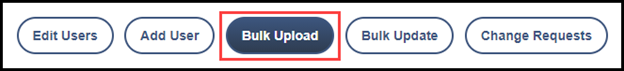 main navigation menu at the top of the account administration page with an outline around the bulk upload option
