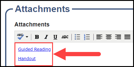 the attachments section with an arrow pointing to sample text hyperlinks