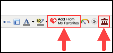 the toolbar area of the attachments section with arrows pointing to the add from my favorites icon and district resources manager icon