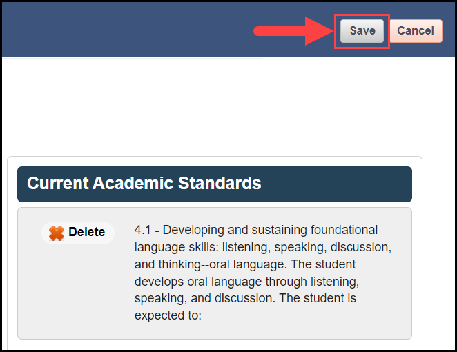 the manage standards window showing the current academic standards column with an arrow pointing to the save button