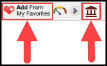 the cell editor toolbar with arrows pointing to the add from my favorites icon and district resources manager icon, respectively