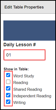 the edit table properties section with an outline around the daily lesson number text entry field and an outline around the table column option check boxes