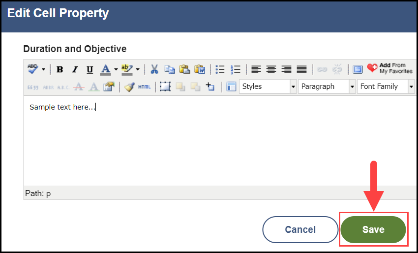 the edit cell property window with an arrow pointing to the save button in the bottom right corner