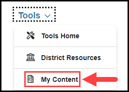 site's main navigation menu with an outline around the tools drop down and an arrow pointing to the my content option