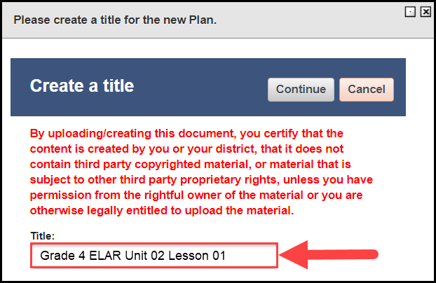 create a new plan window with an arrow pointing to the title text entry field