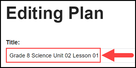 the top of the editing plan page with an arrow pointing to the title text entry field